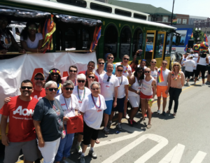 Harriet Miller, Monica Wehrle among a crowd at the lively Chicago Pride March. 
Chicago, Illinois, 2015. Photo Courtesy of Harriet Miller and Monica Wehrle.