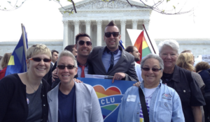 Harriet Miller and Monica Wehrle with various D.C. ACLU and Indiana Plaintiffs at the 
Marriage Equality Supreme Court Rulings. In front of the U.S. Presidential white house, in Washington, D.C., 2015.  Photo Courtesy of Harriet Miller and Monica Wehrle.